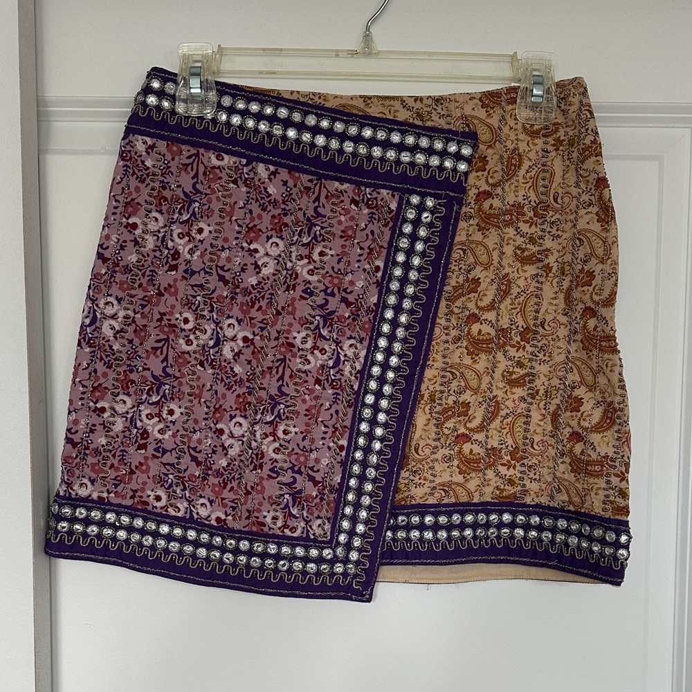 Zara Boho Patchwork Beaded Paisley Mini Skirt in Purple and Tan